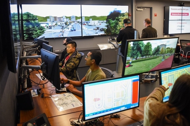 Students studying homeland security at St. John's University, Queens campus computer lab
